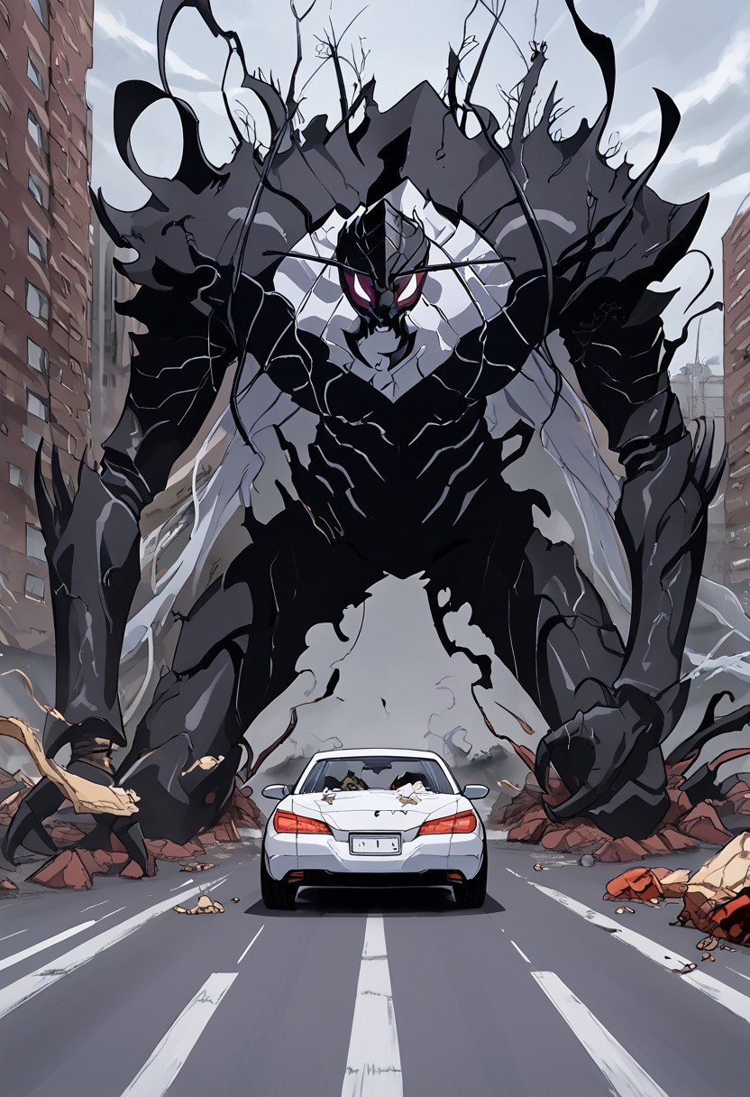 Ant King Beru , humanoid, destroying a car