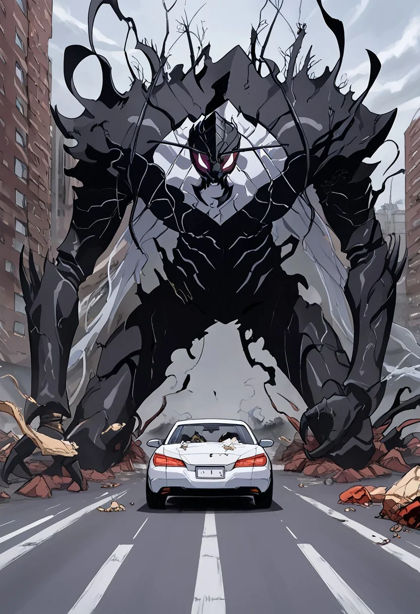 Ant King Beru , humanoid, destroying a car
