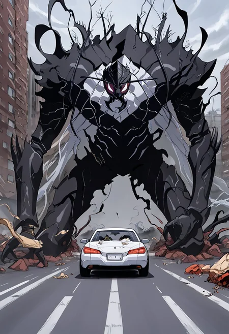 Ant King Beru , humanoid, destroying a car