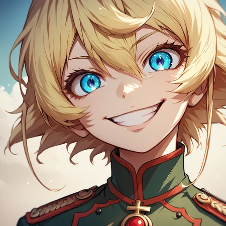 score_9, score_8_up, score_7_up,
TanyaDegurechaff,tunic, 1girl, solo, looking at viewer, smile, short hair, bangs, blue eyes, blonde hair, hair between eyes, grin, uniform, military, military uniform, portrait, close-up, evil smile, eye focus,score_9, source_anime
,<lora:TanyaPonyV2:0.8>