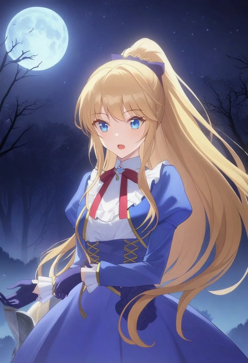 ((masterpiece)), ((best quality)), high detailed, ultra-detailed, intricate details, detailed, fit, small breasts, (moonlight night background), night, (moon), open mouth, LP_aileen, 1girl, blonde hair, blue eyes, long hair, ponytail, bangs, blue dress, gloves, puffy sleeves, ribbon, cross-laced footwear, night, landscape