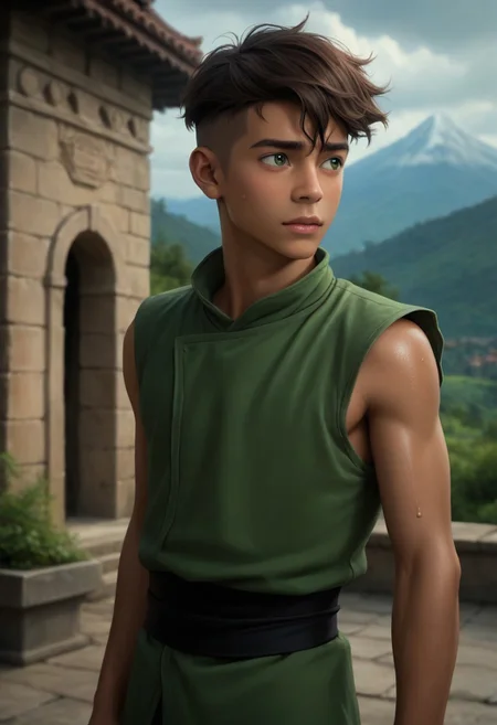 zPDXL3, zPDXLrl, depth of field, highly detailed, 1boy, solo, male focus, Kai, Brown Hair, Undercut, Green Eyes, Brown Skin, dark skin, prison tunic, sleeveless, sweat, slim, skinny, looking away, intricate detail, shiny skin, monk temle, ancient temple, sky, mountains in background, outdoors, (upper body, cowboy shot, wide shot), full body, pretty, cute, intricate details, hyperdetailed, photorealistic, skin pores, perfect face, volumetric light, dynamic pose,