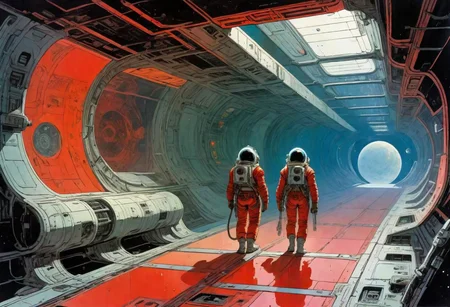 enki bilal, philippe druillet, moebius inspired heavy metal art, cell shading look, drawn with ink, scifi setting, Panoramic shot, two astronauts walk through derelict corridor of a space station, the corridor is shrouded in red light, it is an abandoned space station, there are missing covers on the wall and many cables and hoses can be seen, derelict