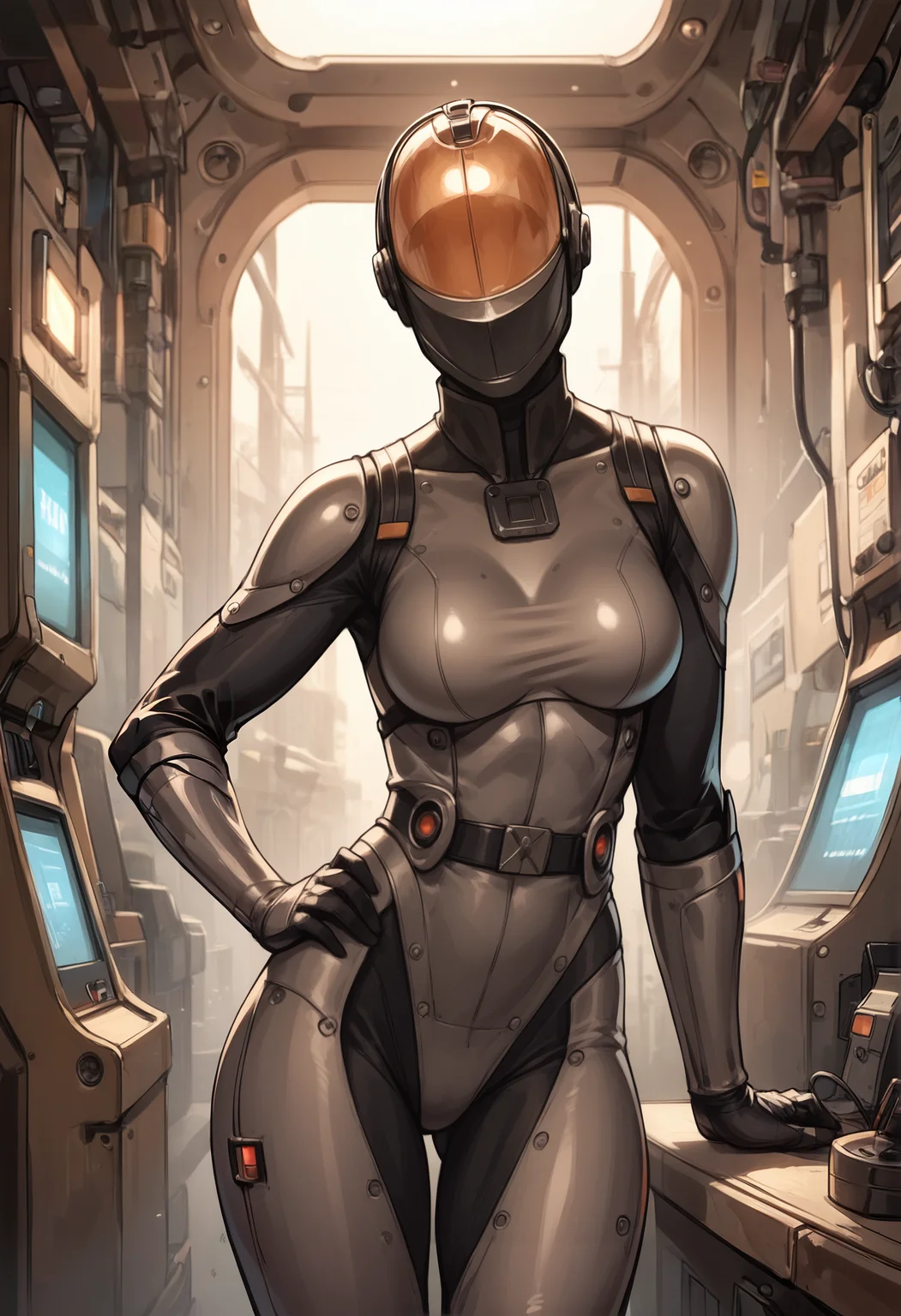 score_9, score_8_up, score_7_up, masterpiece, best quality, high detail,high resolution, vivid colours, post-apocalypse, science fiction, female focus, gorgeous girl, female focus, hand_on_hip, tan skin,helmet, armor, (fully clothed, full armor:1.2), tight clothing, bodysuit,joints, crotch plate, leaning towards viewer, leaning forward, sexy dynamic pose,seduction pose, perfect body,curvy, , BREAK universe, space station cockpit, catheter, display screen,detailed background, dark environment, film angle, depth of field, dramatic lighting, <lora:PONY\Style\OtherStyle_06.safetensors:0.7000000000000001:0.7000000000000001> <lora:PONY\Style\ph4nt0m01lXLP.safetensors:0.6:0.6> <lora:PONY\Character\chinese-stealth-suit_pdxl_.safetensors:0.5:0.5>