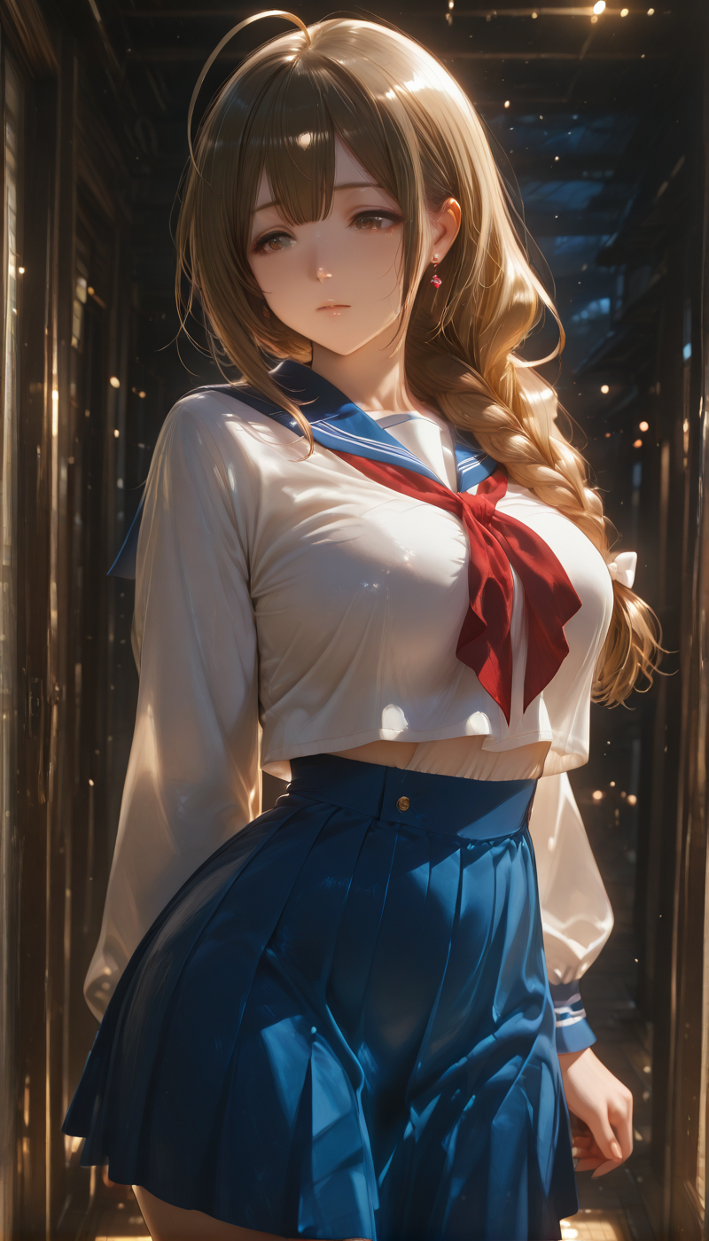 <lora:LCMTurboMix_Euler_A_fix:1> <lora:example_SDXL:0.3>, EZRealPONYXL,  <lora:Dramatic Lighting Slider:3> <lora:realistic filter [IL]:1>
DSLR,realistic,cosplay photo, (very awa,masterpiece,best quality,year 2024,newest,absurdres,highres:1), realistic,skin texture,facial features, photography shot with Canon EOS 5D Mark IV , realistic, RAW, best quality, masterpiece, amazing quality, skin details,
1girl, highly detailed beautiful face, large natural breasts,
detailed background, shiny skin, dutch angle, night, moonlight,
beautiful detailed eyes, intricate details, absurdres, anime screencap,
 <lora:KuwayamaChiyuki_IdolMaster_ILXL_kill0825:1>
IMKuwayamaChiyuki, long hair, breasts, large breasts, brown hair, brown eyes, ahoge, braid, hair bow, earrings, single braid, hair over shoulder, braided ponytail, long braid, 
shirt, skirt, long sleeves, bow, school uniform, white shirt, thighs, pleated skirt, serafuku, sailor collar, miniskirt, crop top, blue skirt, neckerchief, blue sailor collar, red neckerchief, high-waist skirt, midriff peek, cropped shirt, crop top overhang, 
dynamic pose,
