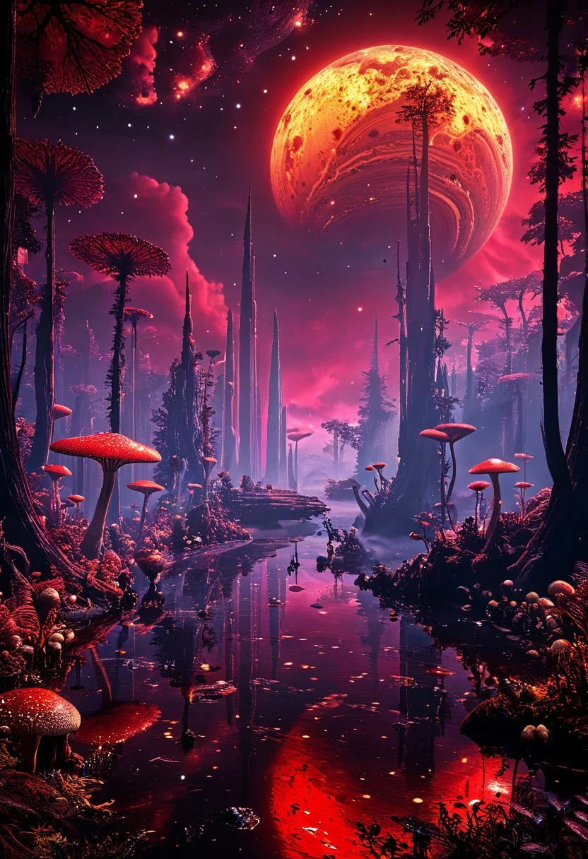 A photorealistic image of a majestic alien planet,
intricate details, dramatic composition, contrast, texture, realism, high quality, stunning art, film grain, volumetric lighting, detailed,
alienworld,
background is alien forest, alien trees, alien mushrooms,