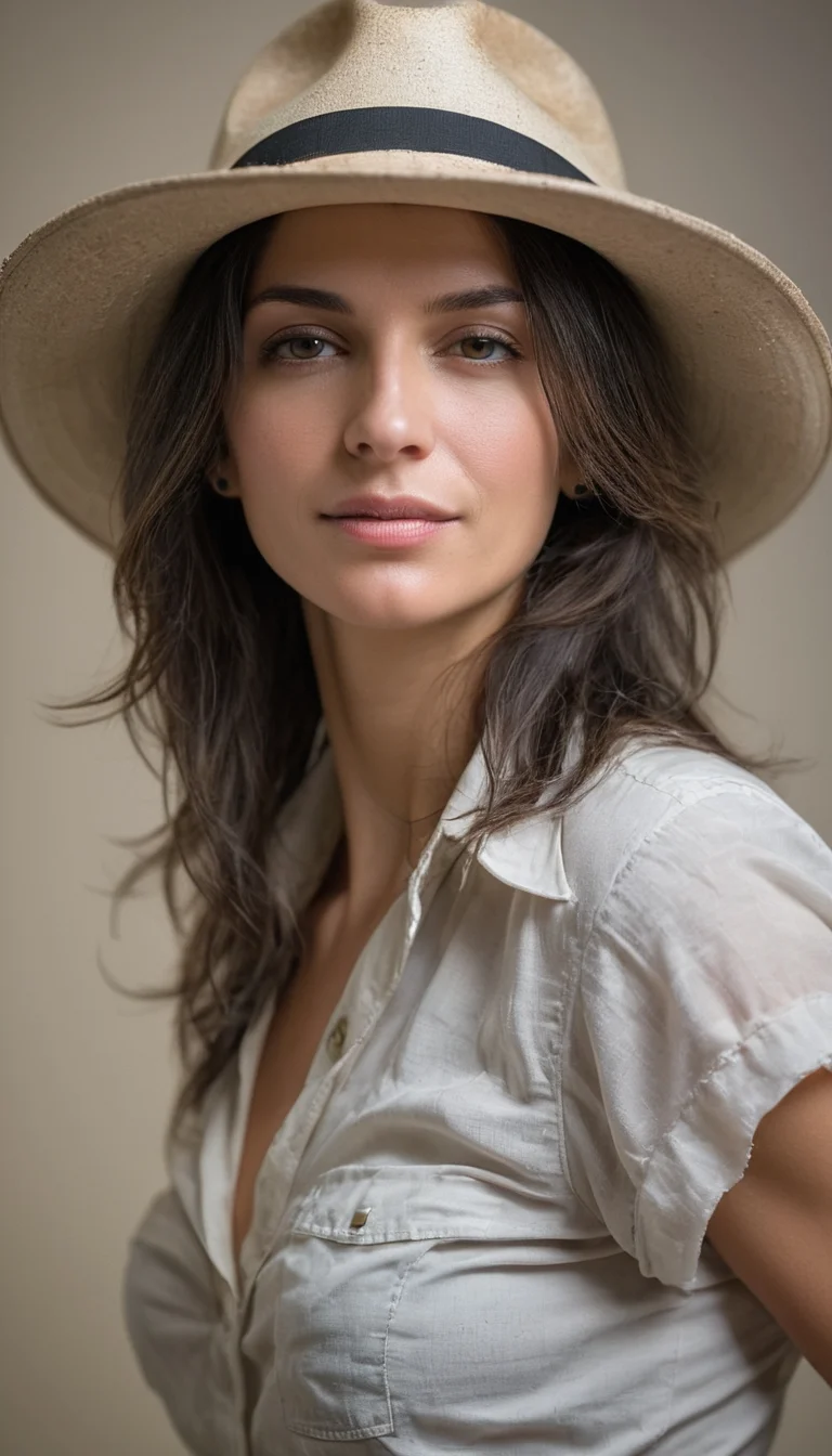studio photograph, Slow Shutter Speed, bokeh, Nikon Z9, Shabby flyweight Italian Female Archangel, wearing Panama hat