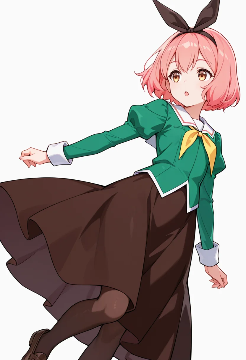 masterpiece,high quality details,absurdres, 
 <lora:Koshiba_Mai:0.8>
mar_cnr, 1girl, pink hair, short hair, bangs, brown eyes,black hairband,
mar_s1,green shirt, white sailor collar, serafuku,long skirt,black-brown skirt, juliet sleeves,pantyhose, loafers,, simple background, white background, dynamic angle,solo,, :o,