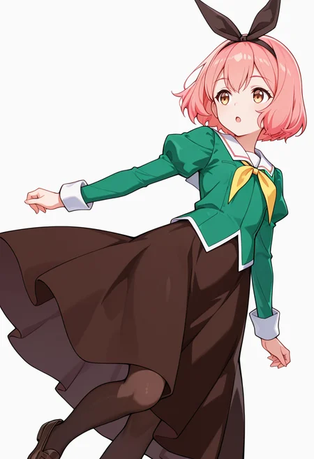 masterpiece,high quality details,absurdres, 
 <lora:Koshiba_Mai:0.8>
mar_cnr, 1girl, pink hair, short hair, bangs, brown eyes,black hairband,
mar_s1,green shirt, white sailor collar, serafuku,long skirt,black-brown skirt, juliet sleeves,pantyhose, loafers,, simple background, white background, dynamic angle,solo,, :o,