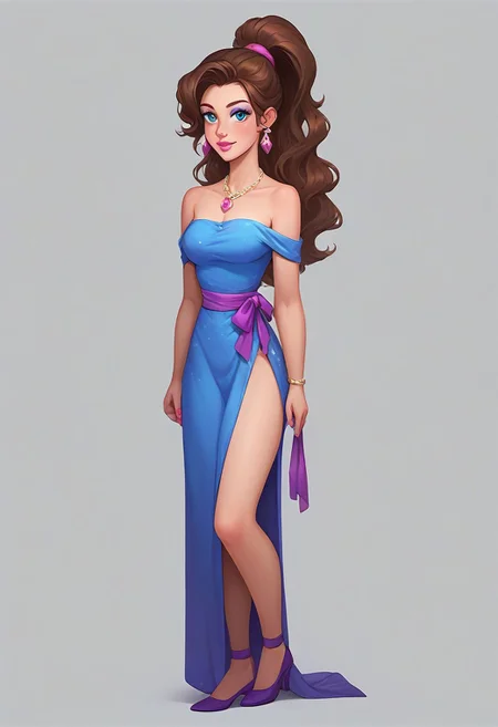 score_9, score_8_up, score_7_up, Casgas BREAK, 1girl, woman, young, solo, graceful, medium breasts, slim waist, brown hair, long hair, makeup, blue eyes, blue eyeshadow, large curl on the right side of the face, high ponytail, blue off-the-shoulder evening dress, buttons on the dress, satin wide ribbon at the waist and shoulders, cutout in front of the dress, visible knees, V-neck dress in front, bandeau dress, long dress, necklace with pink gems, earrings with pink precious stones, pink manicure, pink lipstick, purple shoes with an ankle clasp BREAK left hand behind her back, right hand elegantly lowered down, the right leg is slightly bent at the knee and overlaps the left leg, standing, full body shot, full body, looking at viewer, BREAK simple background, gray background