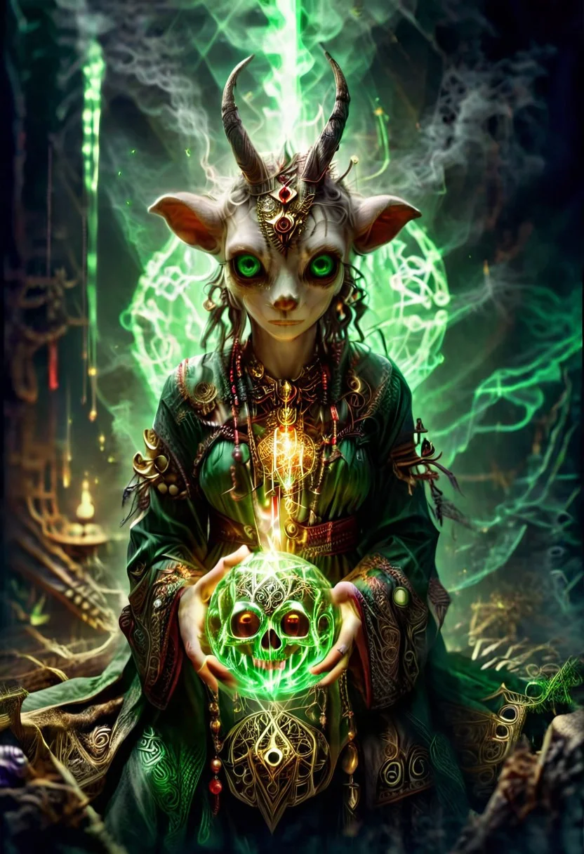 quality, intricate details, Mystical light. Fog. The feminine mage's appearance: evil and mystical, with spiky robes that seem made of green cloth with golden stitches. a ball in one hand and mysterious goat skull in another hand, Rubies, symbolizing their magical power. Glow. a dark evil gaze that hints at their ancient knowledge and mystical prowess. alchemical laboratory, blending the natural with the magical, Soft natural lighting, High Definition HD, High Detail, Perfect Composition, ral-vudu horror