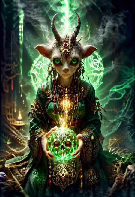 quality, intricate details, Mystical light. Fog. The feminine mage's appearance: evil and mystical, with spiky robes that seem made of green cloth with golden stitches. a ball in one hand and mysterious goat skull in another hand, Rubies, symbolizing their magical power. Glow. a dark evil gaze that hints at their ancient knowledge and mystical prowess. alchemical laboratory, blending the natural with the magical, Soft natural lighting, High Definition HD, High Detail, Perfect Composition, ral-vudu horror