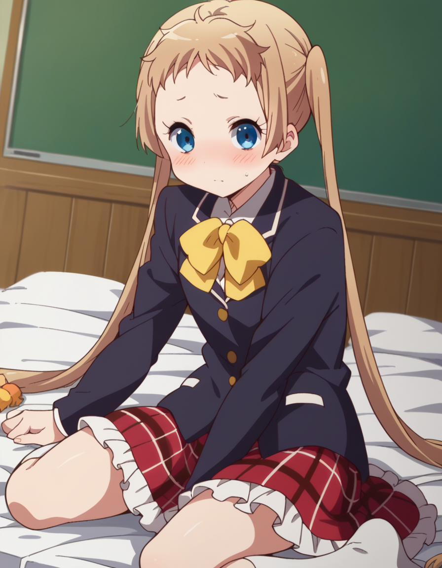 score_9, score_8_up, score_7_up, source_anime,
sanaedekomori, <lora:sanae-dekomori-s2-ponyxl-lora-nochekaiser:1>,
sanae dekomori, long hair, blue eyes, blonde hair, twintails, very long hair,
skirt, school uniform, jacket, plaid, kneehighs, plaid skirt, blazer, icho private high school uniform,
indoors, bed, bed room, on side, blush, drunk,
looking at viewer, cowboy shot, dutch angle, solo,