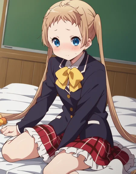 score_9, score_8_up, score_7_up, source_anime,
sanaedekomori, <lora:sanae-dekomori-s2-ponyxl-lora-nochekaiser:1>,
sanae dekomori, long hair, blue eyes, blonde hair, twintails, very long hair,
skirt, school uniform, jacket, plaid, kneehighs, plaid skirt, blazer, icho private high school uniform,
indoors, bed, bed room, on side, blush, drunk,
looking at viewer, cowboy shot, dutch angle, solo,