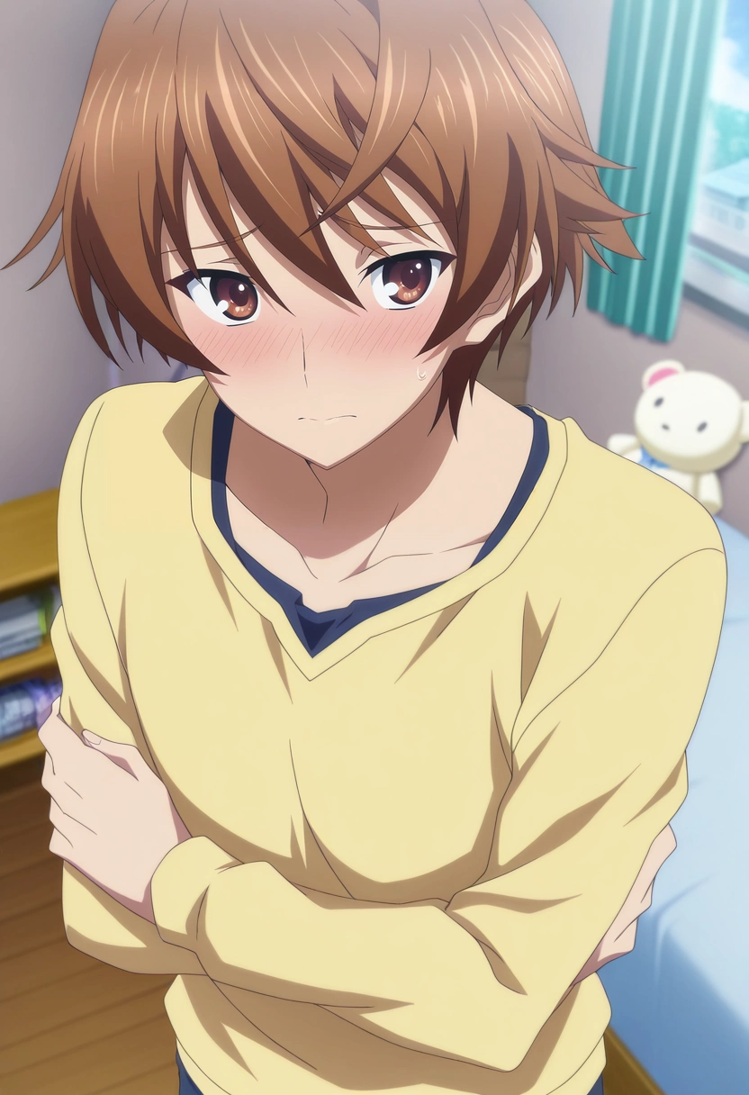 masterpiece, best quality, , anime screencap, anime coloring, , looking at viewer, 1boy, solo, male focus, <lora:takeya_iizuka_ilxl:0.9>, takeya_iizuka, brown hair, brown eyes, short hair, , from above, bedroom, (plush), day, arms under breasts, shy, blush,