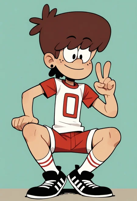 (score_9 | score_8_up | score_7_up) ((masterpiece:1))(best quality,very high quality,ultra detailed:1.2) (2D,cartoon style,anime style)(Smooth:2)(clean blurring) (four fingers on each hand,one thumb on each hand:1), Boy Lynn loud, solo, 1boy, Brown hair, thick Brown hair, round nose, freckles, red And white jersey shirt with a 0 on it, red And white shorts, white socks, black shoes