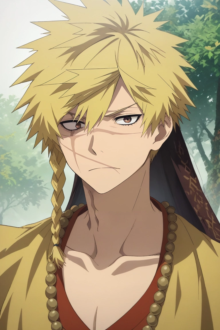 score_9, score_8_up, score_7_up, source_anime, rating_safe, intricate details, , , , 1boy, solo, male focus, <lora:choubei_aza_pony:0.94>, choubei_aza, blonde hair, brown eyes, long hair, braid, spiked hair, scar on face, necklace, , ,, <lora:sdxl_lightning_8step_lora:1>