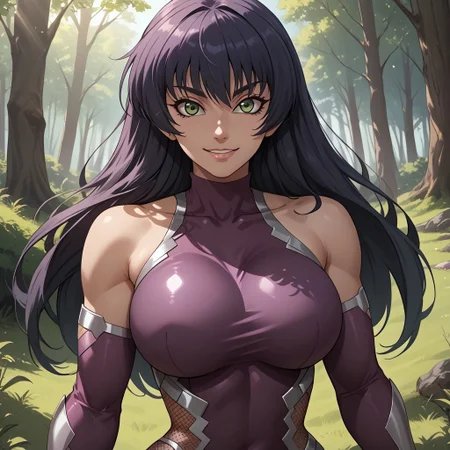 score_9, score_8, BREAK, solo, 1girl, Igawa_Asagi, long hair, taimanin suit, purple body suit, bare shoulders, standing, curves, big breasts, sexy pose, self portrait, smile, outdoors, sunlight, shadows, evening lighting, natural lighting, forest, trees, grass, sunset