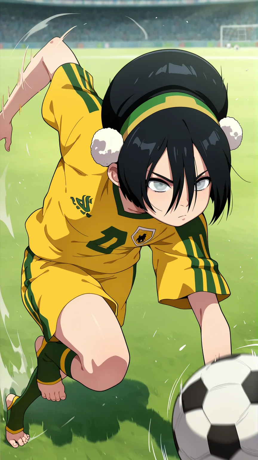 masterpiece,best quality,amazing quality, absurdres, solo, 1girl, <lora:WaiToph:0.9> illutoph, black hair, hair between eyes, blind, grey eyes, hair bun, soccer uniform, soccer uniform, sportswear, shorts, short sleeves, outdoors, soccer ball, toeless legwear, serious, motion lines, kneehighs, dynamic pose,