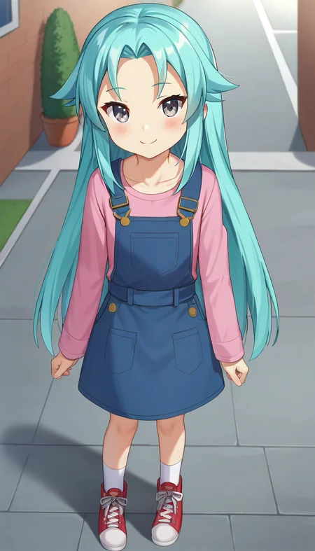 score_9,score_8_up,masterpiece,best quality,correct anatomy,anime_source,1girl,solo,perfect eyes,perfect arms,perfect legs,perfect face,outdoors,upper body,(portrait:1.5),looking at viewer,facing viewer,smile,blush,Shantak-Kun,very long hair,aqua hair,sidelocks,parted bangs,forehead,grey eyes,collarbone,pinafore dress,blue dress,pink shirt,long sleeves,flat chest,white socks,sneakers,red footwear,<lora:Shantak-Kun(hns)-Pony:1.2>,