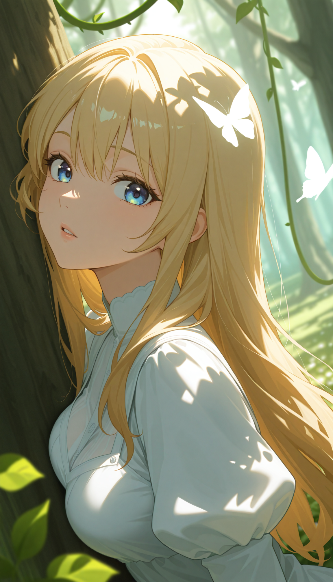 masterpiece, best quality, amazing quality, very aesthetic, high resolution, ultra-detailed, absurdres, newest, scenery, anime, anime coloring, (dappled sunlight:1.2), rim light, backlit, dramatic shadow, 1girl, long blonde hair, blue eyes, shiny eyes, parted lips, medium breasts, puffy sleeve white dress, forest, flowers, white butterfly, looking at viewer, leaning side against tree, vines, green, arms, upper body, close-up, dutch angle, shiny skin, BREAK, eyes, lips, dramatic shadow, detailed eyes, detailed hair, depth of field, vignetting, volumetric lighting
