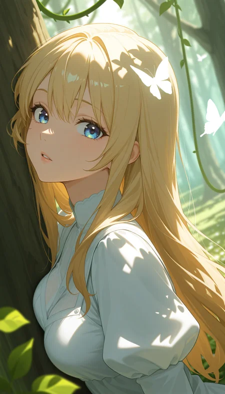 masterpiece, best quality, amazing quality, very aesthetic, high resolution, ultra-detailed, absurdres, newest, scenery, anime, anime coloring, (dappled sunlight:1.2), rim light, backlit, dramatic shadow, 1girl, long blonde hair, blue eyes, shiny eyes, parted lips, medium breasts, puffy sleeve white dress, forest, flowers, white butterfly, looking at viewer, leaning side against tree, vines, green, arms, upper body, close-up, dutch angle, shiny skin, BREAK, eyes, lips, dramatic shadow, detailed eyes, detailed hair, depth of field, vignetting, volumetric lighting