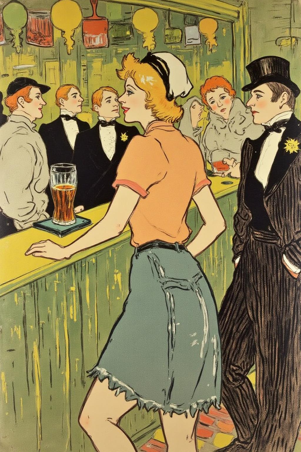 lautrec1 illustration rendered in a stylized, Art Nouveau style typical of the era, with a pastel color palette dominated by shades of green, yellow, and brown The air buzzes with the energy of a busy bar, a mix of music, conversation, and the clinking of glasses. A barmaid, the embodiment of youthful vibrancy, navigates the lively scene. She wears a peach-coloured T-shirt, the soft fabric contrasting with the smooth, cold glass of coke she carries on a small tablet. Her short skirt adds a playful touch, and a backwards baseball cap hints at a carefree attitude. The setting and atmosphere are palpable: the warm, slightly sticky surface of the bar counter under her fingertips, the dim, colourful lighting that casts playful shadows. Sensory details are abundant: the condensation forming on the glass of coke, the texture of her denim skirt, and the way the bar lights catch the highlights in her hair. Her confident stride, her quick smile, and her efficient movements. Stylistically, the image draws inspiration from the vibrant, candid shots of nightlife photographers, with a touch of the stylized realism found in contemporary illustration. There's a deliberate contrast between the barmaid's youthful energy and the slightly worn, lived-in atmosphere of the bar, creating a dynamic and engaging image. <lora:lautrec1_cap_d6a3e11:1.0><lora:810992247853104938:0>