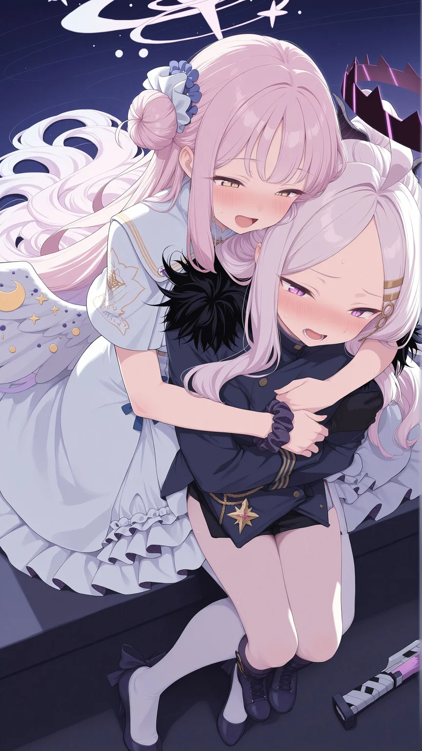 masterpiece, amazing quality, best quality, Smooth Quality,
masterpiece, amazing quality, best quality, Smooth Quality, 1girl, hug from behind, mika_\(blue_archive\), yellow eyes , pink hair, single side bun, hair flower , mika halo, gradient hair , blue bowtie, white dress , mika angel wings ,white pantyhose ,wrist scrunchie, low wings, starry sky print, white capelet , high_heels, submachine gun, sitting, laughing, <lora:mika_blue_archive_for_IL:0.9>,
masterpiece, amazing quality, best quality, Smooth Quality, 1girl, hug from behind, hina_(blue_archive), default_outfit, jacket_on_shoulders, hair_ornament, wings, sitting, sitting on lap, embarrassed, open mouth, blush, struggling, <lora:HinaV3:1>