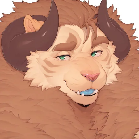 masterpiece, best quality, amazing quality, solo,
Anthro,Ursso,bara,tan fur,brown mane,stripes,horns,fangs out,blue glands,fluffy,green eyes, looking at viewer, 
White background, face focus, close-up,