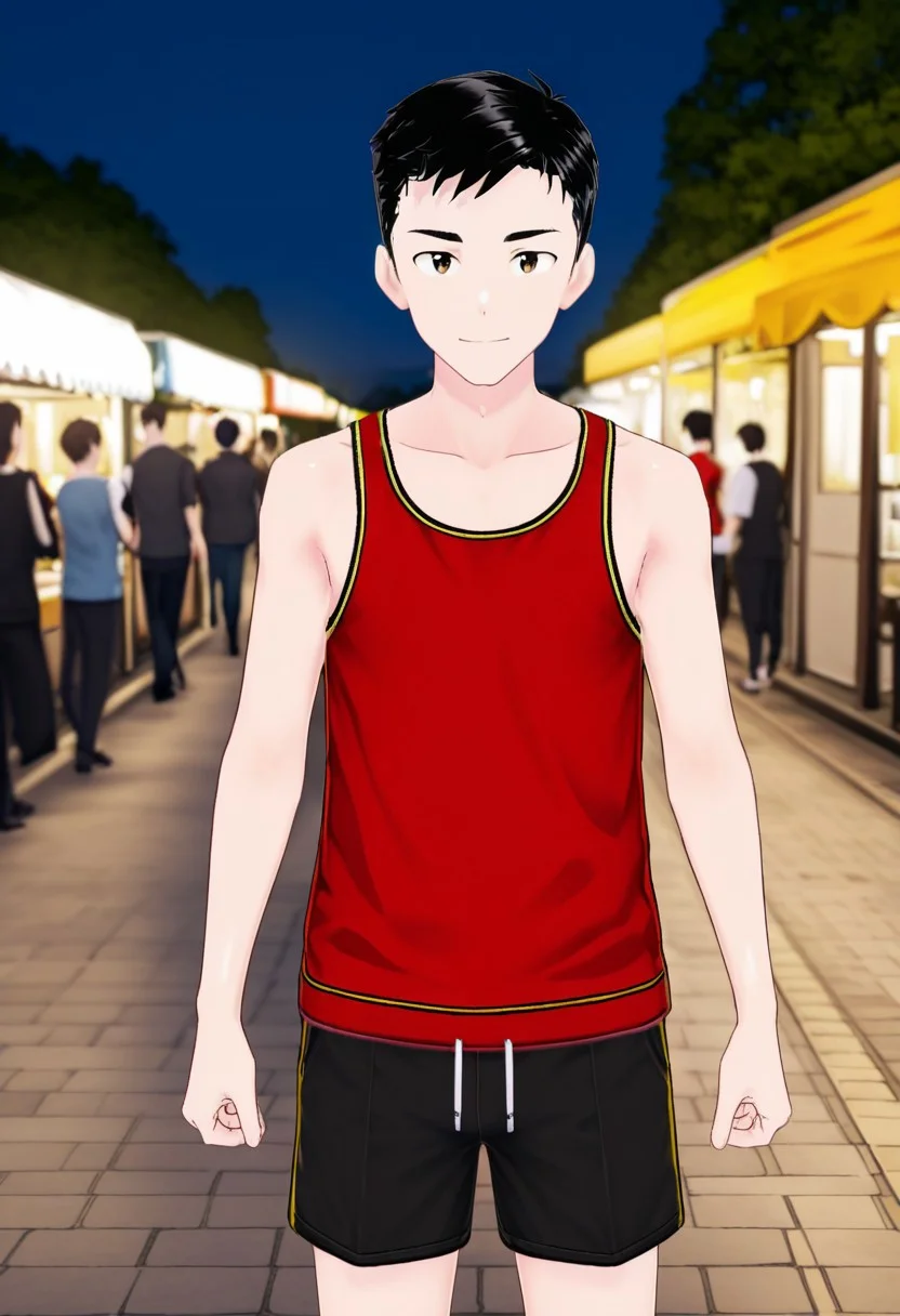 harmard, black hair, short hair, brown eyes, 1boy, solo, solo focus, red tank top, black shorts, young man, youthful, outdoor, at night day