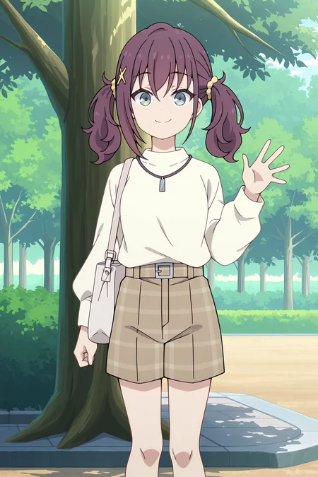 volumetric lighting, official style, amazing quality, ultra detailed, highres, detailed background, anime screenshot, anime screencap, anime coloring, masterpiece, detailed face,1girl <lora:Kurea_Furutachi__-20:0.8> Kurea_Furutachi, Kurea_Furutachi(Outfit 3), shorts, twintails, outdoors, solo, star hair ornament, smile, bag, white long sleeve sweater, long sleeves, closed mouth, looking at viewer, hair ornament, blue eyes, tree, standing, shoulder bag, purple hair, sweater, belt, day, bangs, feet out of frame, handbag, plaid shorts, brown shorts, waving