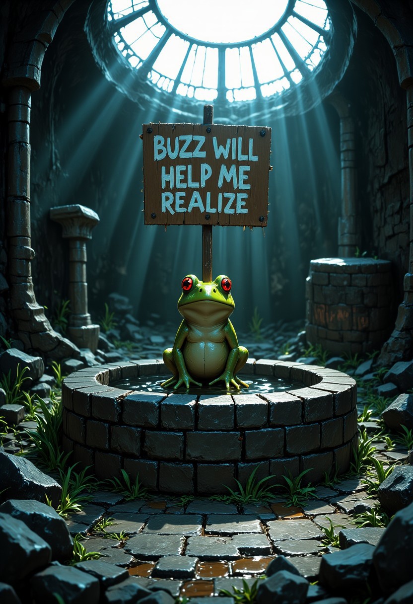 A well, Big well, there is a frog inside that well, that well has no water in it, the frog carry a sign that says: "Buzz will help me realize", An1meL1nes,
sun ray lit up the sign and the frog inside the well,
(Smooth Quality - Illustrious:0.7), HDR,masterpiece, absurdres, highres, very aesthetic, fit body, godrays, ambient occlusion, soft lighting, highest quality, (volumetric lighiting:1.1), realistic skin, low lighting, trending on artstation, gothic,
score_9, score_8_up, score_7_up, score_6_up, source_anime, masterpiece, best quality, skindentation, anime artwork, intricately detailed photorealism, very detailed, highly detailed texture, cinematic illumination, volumetric lighting, detailed face, detailed skin, detailed eyes, rating_explicit, concept art, absurdres, highres, hd, ultra hd quality details, Expressiveh, solo focus