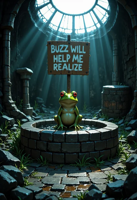 A well, Big well, there is a frog inside that well, that well has no water in it, the frog carry a sign that says: "Buzz will help me realize", An1meL1nes,
sun ray lit up the sign and the frog inside the well,
(Smooth Quality - Illustrious:0.7), HDR,masterpiece, absurdres, highres, very aesthetic, fit body, godrays, ambient occlusion, soft lighting, highest quality, (volumetric lighiting:1.1), realistic skin, low lighting, trending on artstation, gothic,
score_9, score_8_up, score_7_up, score_6_up, source_anime, masterpiece, best quality, skindentation, anime artwork, intricately detailed photorealism, very detailed, highly detailed texture, cinematic illumination, volumetric lighting, detailed face, detailed skin, detailed eyes, rating_explicit, concept art, absurdres, highres, hd, ultra hd quality details, Expressiveh, solo focus