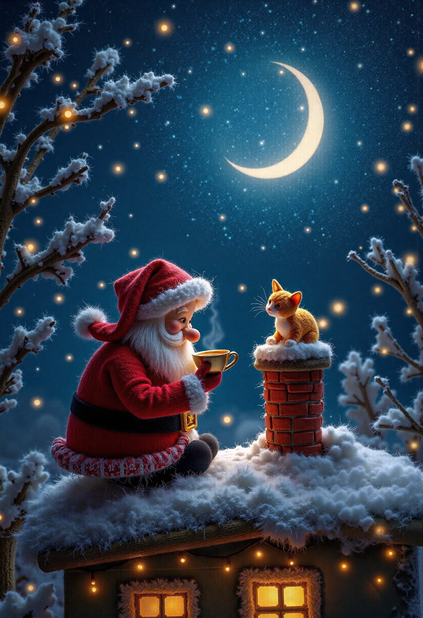 This is a piece of felt art, felt-crafted, a beautiful scene in a whimsical and magical style, depicting a charming Christmas night scene. in the background the sky is filled with twinkling stars and a crescent moon, casting a soft, ethereal glow over the roof of a cozy house. On the foreground, on the roof, by a rooftop chimney, close-up on Santa Claus enjoys a cup of tea with a cute little cat watches him curiously. The scene is bathed in the warm and inviting light of the Christmas season, creating a magical and enchanting atmosphere.