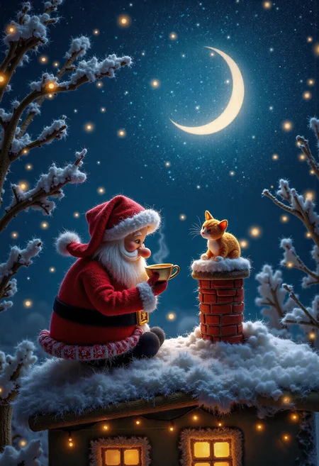 This is a piece of felt art, felt-crafted, a beautiful scene in a whimsical and magical style, depicting a charming Christmas night scene. in the background the sky is filled with twinkling stars and a crescent moon, casting a soft, ethereal glow over the roof of a cozy house. On the foreground, on the roof, by a rooftop chimney, close-up on Santa Claus enjoys a cup of tea with a cute little cat watches him curiously. The scene is bathed in the warm and inviting light of the Christmas season, creating a magical and enchanting atmosphere.
