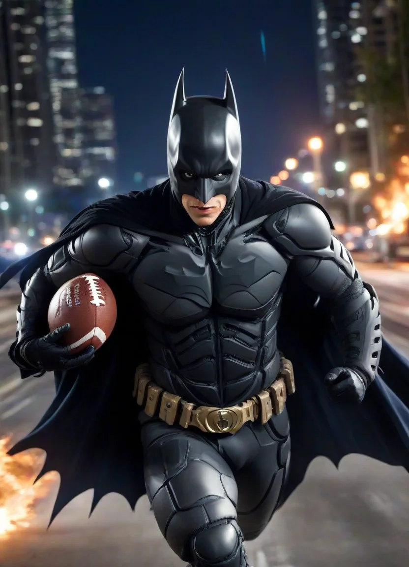 <lora:PE_Batman_DarkKnight:0.7> PEBatman,
Batman running from police officers, ((holding a football, holdingfootball in hand)),
motion blur, speed lines, light trails, fire trails,
bank in background, police in background,
masterpiece, high resolution, octance 4k, high detail,