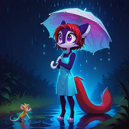 Dreamkeepers,Indi_and_Digo,1girl,solo,furry,tail,source_furry,,red hair,purple fur, purple eyes,
child, kid, masterpiece, best quality,
female hand holding a small umbrella, miniature wet tiny mouse standing on the path, rain, drops, funny, intricate details, hyper-realistic, hyper-detailed, professional photoshoot, colorful, ultra-sharp, vivid color, chiaroscuro lighting, macro