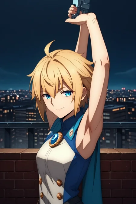zPDXL, score_9, score_8_up, score_7_up, rating_safe, , looking at viewer, , 1girl, Sapphire eyes, natural blonde hair, sleek hair, hair weapon,, solo, profile, city, city lights, day, sunny, arms above head, half-closed eyes, smile, <lora:fate_go_style_pony:1.22>, fate_go_style, , <lora:sdxl_lightning_8step_lora:1>