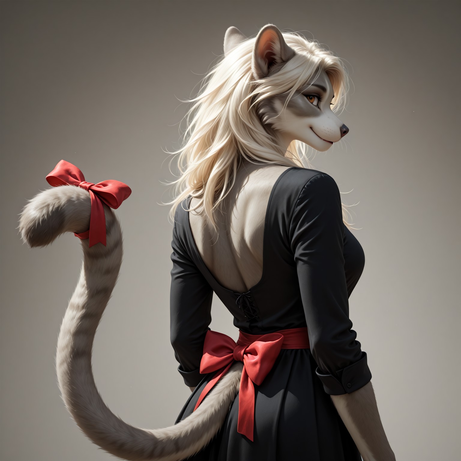 high detail, best quality, furry, dressed, ribbon lower back, big bow