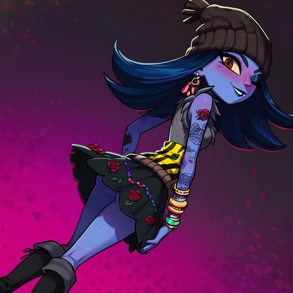 score_9, score_8_up, score_7_up, score_6_up, lizzie natividad, 1girl, solo, full body, grey beanie, pom pom beanie, earrings, colored skin, purple skin, blue hair, black tattoos, caution tape, skirt, black skirt, dark blue skirt, blue lipstick, blue eyebrows, sleeveless gray shirt, rose pattern, boots, knee boots, bracelets, leaves vest, makeup, eyeshadow, brown eyes, looking at viewer, detailed background, psychedelic background, looking at viewer, very sexy, solo focus, smile, blush, cowboy shot, (dynamic pose:1.1), cute, sexy pose, dynamic angle, dutch angle, one eye closed, very happy, leaning forward, (from behind, ass focus, soft ass:1.1), grabbing her own ass, detailed background, bedroom, <lora:Lizzie_Natividad_Psychonauts_-_PonyXL:0.7>   <lora:incase-ilff-v3-4:0.7> <lora:d3p1x3lXLP:0.6>