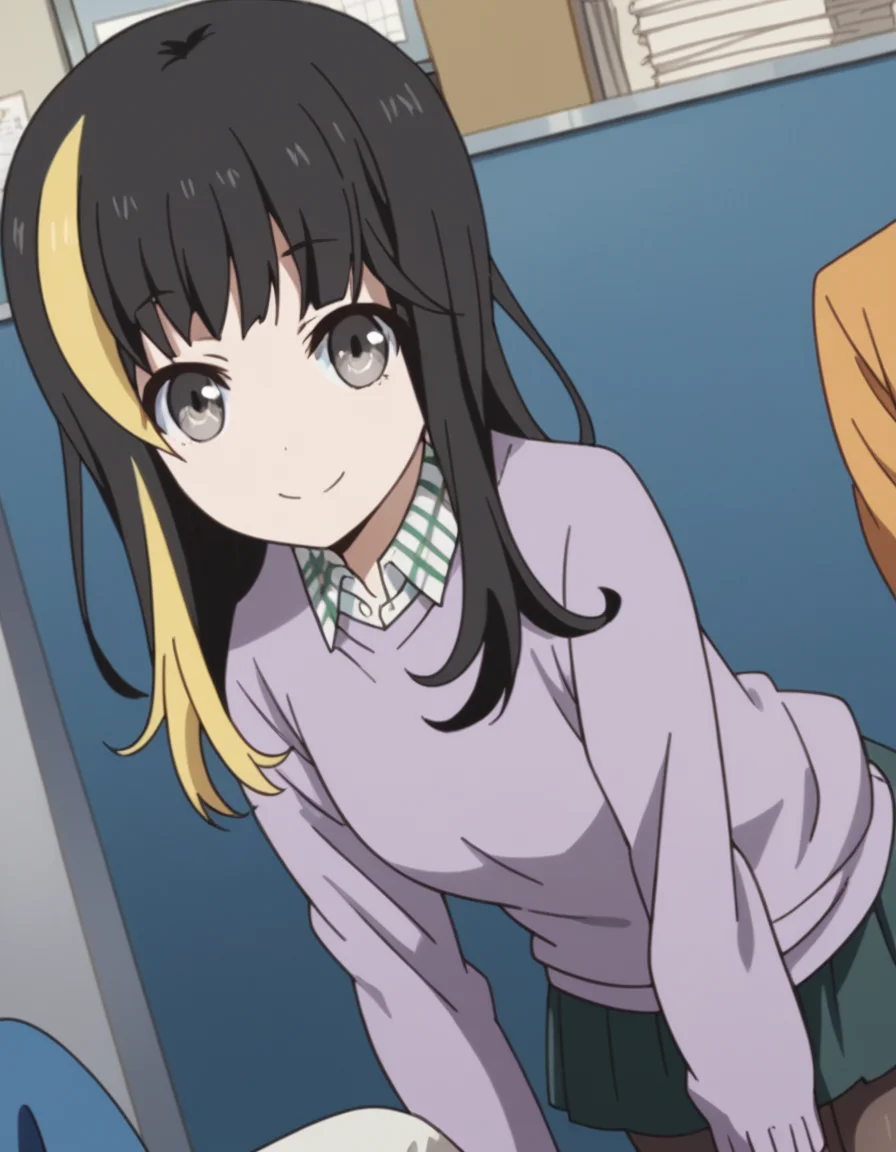 score_9, score_8_up, score_7_up, source_anime, tsubakiandou, <lora:tsubaki-andou-s1-ponyxl-lora-nochekaiser:1>, tsubaki andou, long hair, blonde hair, black hair, multicolored hair, streaked hair, grey eyes,, skirt, shirt, pantyhose, collared shirt, sweater,, indoors, office, bent over, smile, looking at viewer, solo, cowboy shot, dutch angle