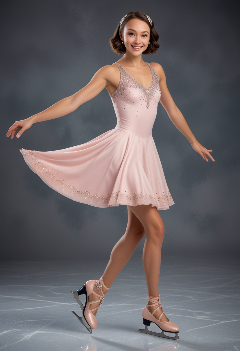 (medium full shot) of (athletic ice skater) young woman, russian, tan skin, dark Blue eyes, tiny build, extra long hazel inverted bob hair, wearing a light pink designer skating gown with chic patterns , velvet skates with pointed toe, eyeliner, crystal brooch,  set in  , woman smiling, Masterpiece,best quality, photo, realistic, very aesthetic, detailed face,