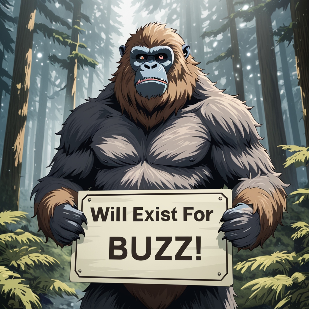 yeti holding a sign that says ("Will Exist For Buzz" ), <lora:texta:.9>  in forest, hairy ape, yeti \(creature\),  1boy, solo, brown furâââ