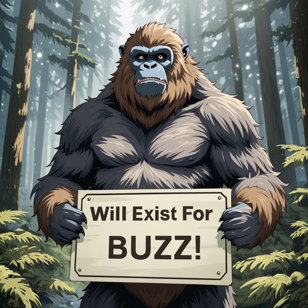 yeti holding a sign that says ("Will Exist For Buzz" ), <lora:texta:.9> in forest, hairy ape, yeti \(creature\), 1boy, solo, brown furâââ