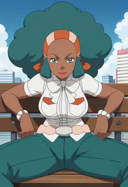 score_9, score_8_up, score_7_up, score_6_up, anime screencap, anime coloring, <lora:PMLenora_epoch_9:0.8>, PMLenora, dark skin, green eyes, eyelashes, green hair, big hair, afro, hairband, lipstick, large breasts,
white shirt, pocket, short sleeves, white bow, bowtie, green pants, belt,
sitting, looking at viewer, seductive smile, bench, legs apart, leaning forward,
BREAK, cityscape, blue sky, cloud,