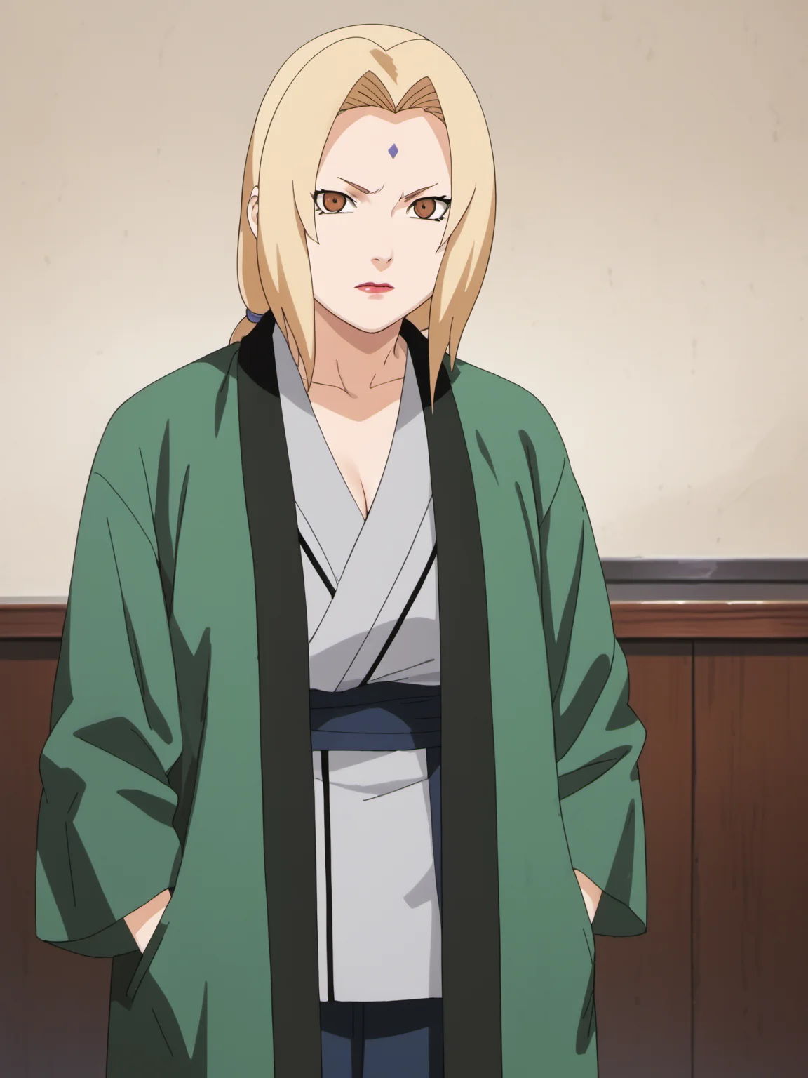 naruto style, hard shadows, anime_screencap, anime_core, score_9, score_8_up, score_7_up, solo, <lora:tsunade_train_v5:0.9>, tsunade,brown eyes,uper body,sunade's green Jacket \(outfit\), red nails,indoors, looking at viewer, front view
