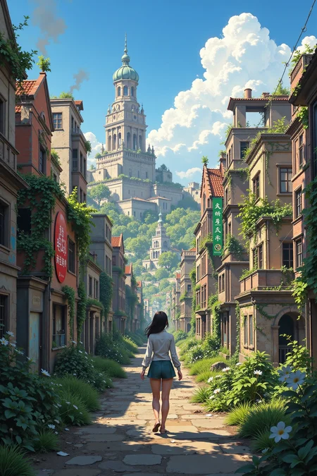 abandoned city beautiful  landscape, morning, woman, very intricate, very detailed, sharp, bright, colorful, <lora:Hand v2:0.5> <lora:Anti-Blur:1><lora:Insane Detail Slider:0.25>  <lora:flux.1_lora_flyway_Epic-detail_v2:0.3> <lora:fluxenhancer:0.25> <lora:ROWER:0.6> <lora:flux-charmer-v1-1:0.4> <lora:Anime art - Variant 3:0.6> Anime art