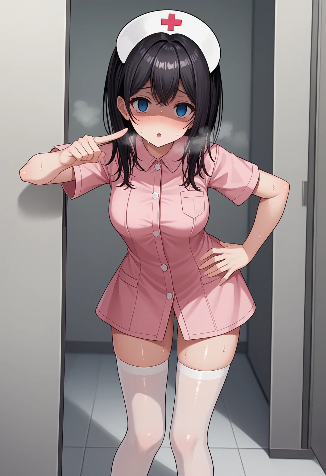 score_9, score_8_up, score_7_up, source_anime,
BREAK
1girl, solo,
<lora:shiYumenaIshikawaV1:1>, shinishikawa,
long hair, hair between eyes, blue eyes, empty eyes,
pink shirt, black hair, white headwear,
nurse cap, nurse, short sleeves, pink dress, thighs, legs, standing, white thighhighs,
medium breasts, shiny skin,
looking at viewer, parted lips, blush, aroused, sweat,
leaning forward, pointing at viewer, hand on own hip, shaded face, open mouth, heavy breathing,