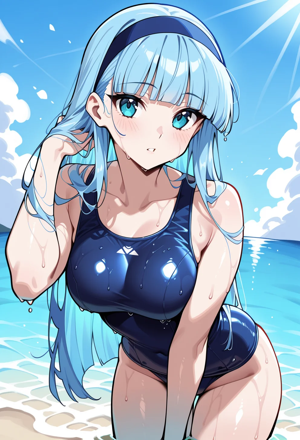 masterpiece, best quality, high quality, anime, solo,
<lora:AEUmiIlx:1>
AEUmiDef, blue eyes, blue hair, blunt bangs, long hair, blue hairband,
one-piece swimsuit, wet, hand in own hair, ocean, parted lips,