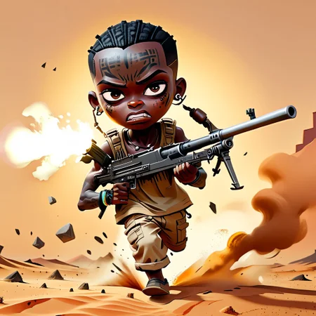 chibi,(black skin,) sand-colored torn T-shirt, (machine gun),
shamanic tattoos on the body,
action pose, run,
angry,
desert, sand, day, ruin, african hit,
BREN Mk1 Light Machine Gun,
(hands on machine gun),
African chibi man run with machine gun, (((black skin))), African, ((( anarexic body))), pear-shaped face, short neck, long arms, broad shoulders, Fleshy nose, Low Forehead, Bold Tapered black Eyebrows, African shamanic tattoos,
(graphic novel style, dark novel style),(anime),(masterpiece:1.4), (colourful, soft cinematic light:1.1), incredibly lifelike, Extremely high-resolution details, 8k, best quality, extremely detailed, contrast,